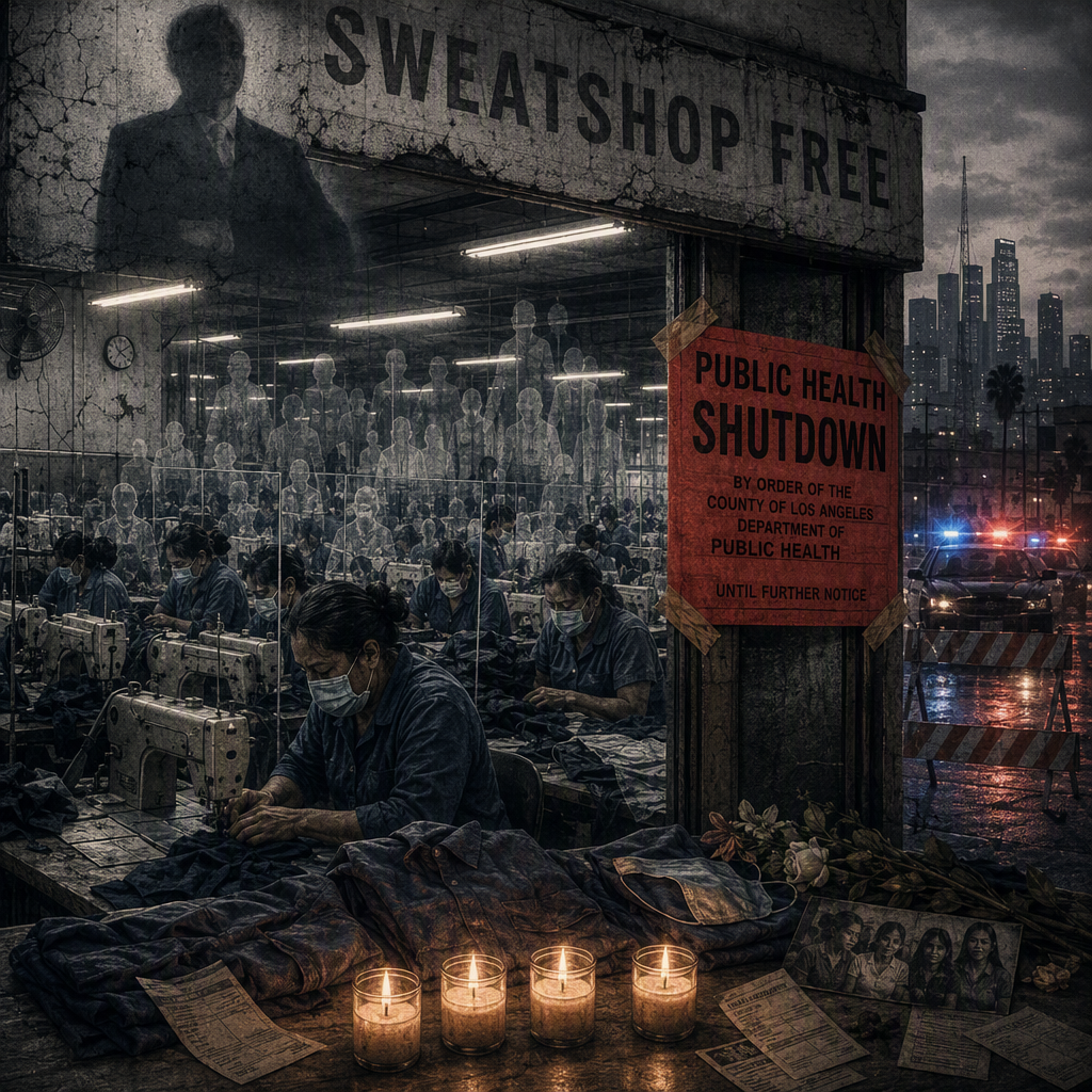 AI concept art inspired by The 2020 Los Angeles Apparel COVID-19 Shutdown: 300 Infections and Four Factory Deaths